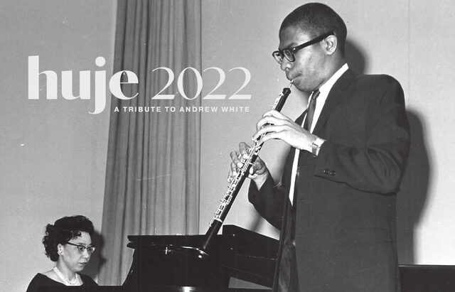 A black and white photo of saxophonist Andrew White and pianist Constance Hobson, in performance